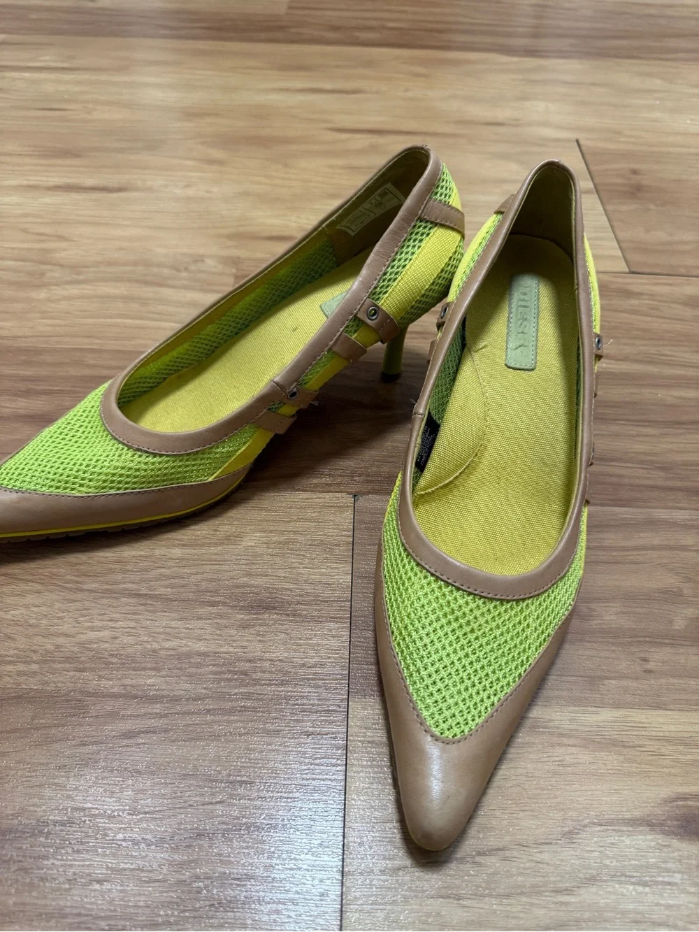 Diesel Beige and Lime Vintage Pointed-Toe Mesh Heels